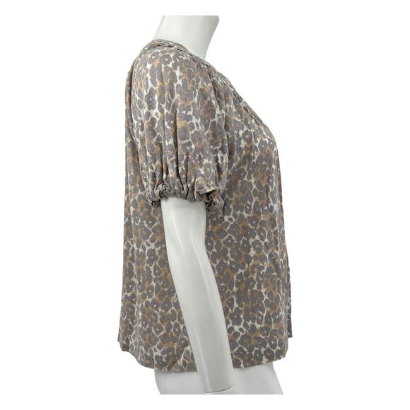 Maeve Anthropologie Top Womens Small Leopard Print 100% Linen Puff Sleeves Gray - Picture 3 of 8